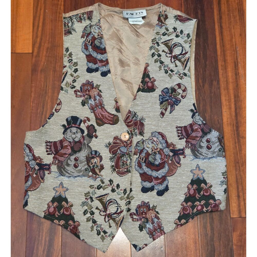 Vintage 80s 90s Tapestry Holiday Design M Brown Vest Santa Christmas